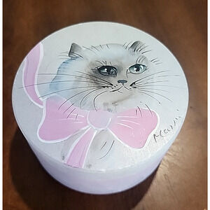 Ducceschi Cat Hand Painted & Signed Pink Trinket Box Made Of Alabaster Italy